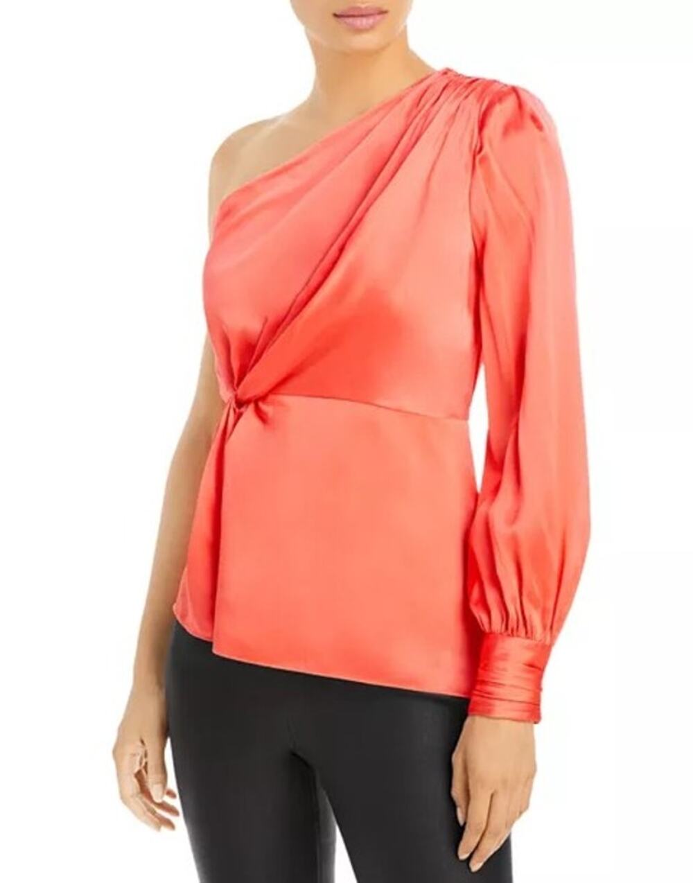 NWT Cinq à Sept Stace Top Neon Coral Silk Blouse Women's Designer Size XS $395